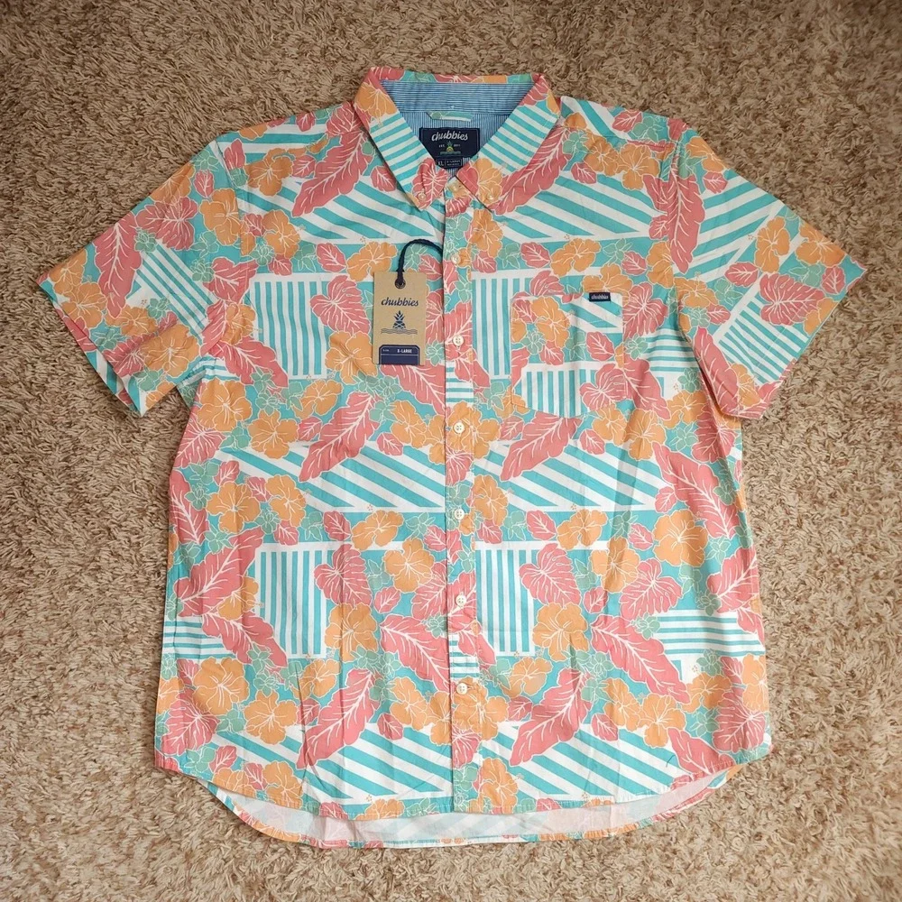 NWT Chubbies Hawaiian‎ Floral Mens XL Oxford Short Sleeve Button Up Shirt